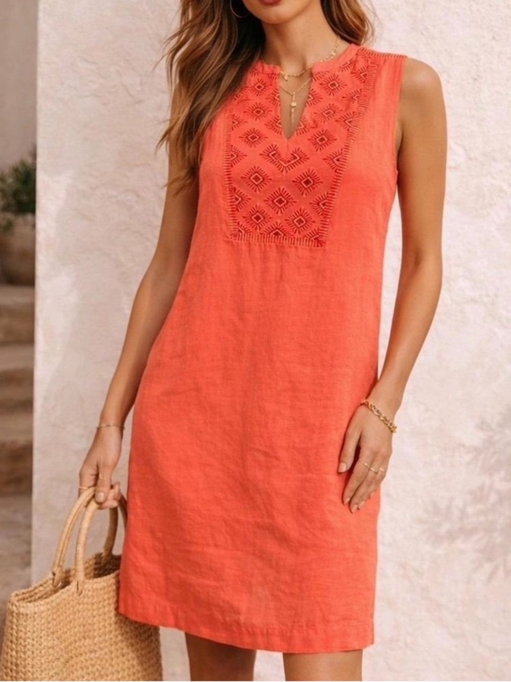 J. Crew Coral Burst Embroidered Linen Blend Shift Dress